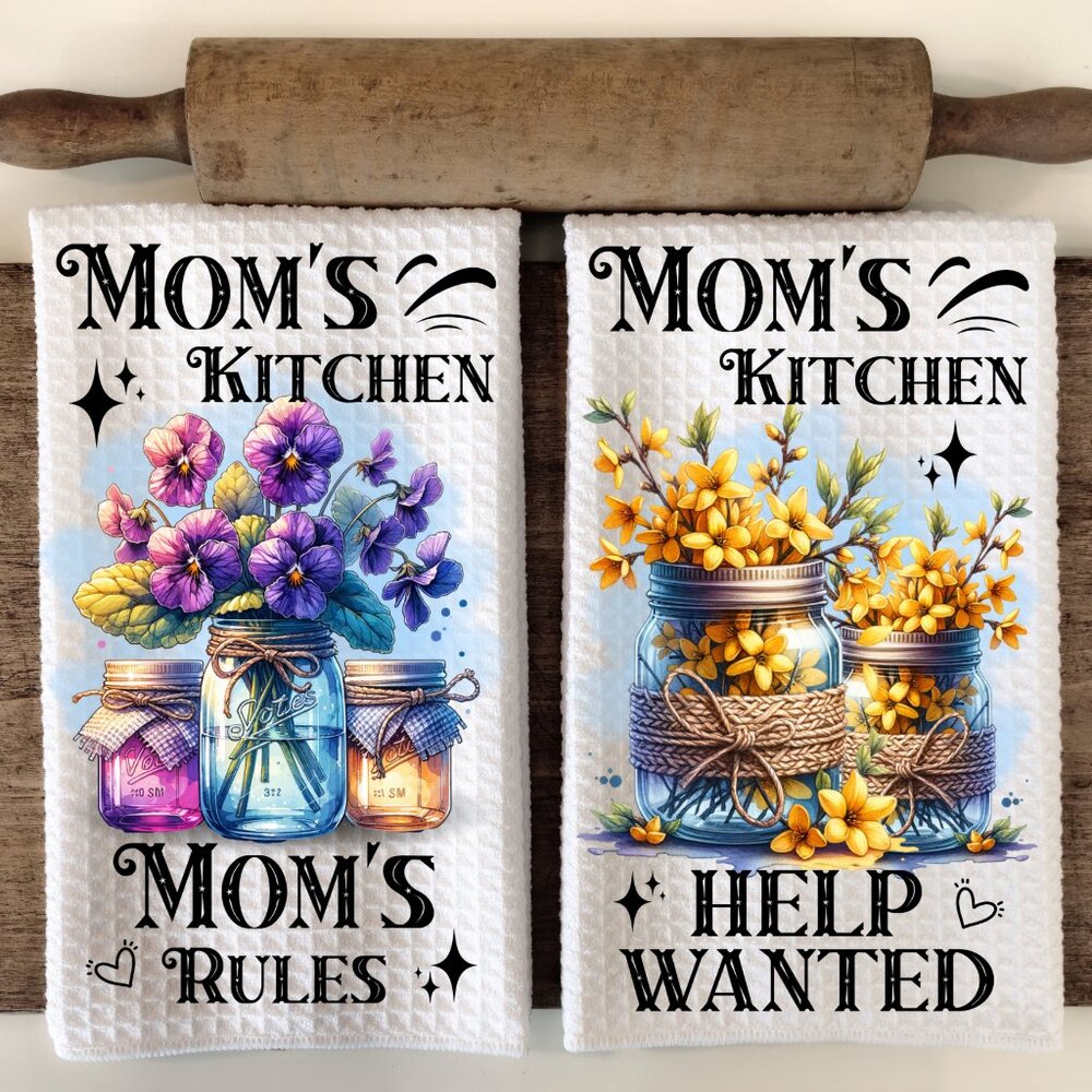 Mom kitchen Rules Towel Set, Floral Dish Towels, Holiday Gift Idea, Hand Towels